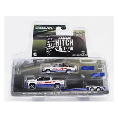 Greenlight Chevrolet Silverado 1500 Pick-up 2023 With Trailer + S-10 Pick-up Baja 1989 1:64 Bílá