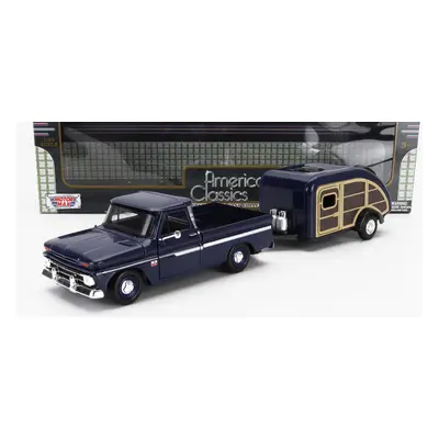 Motor-max Chevrolet C-10 Fleetside Pick-up With Trailer Roulotte 1966 1:24 Modré Dřevo