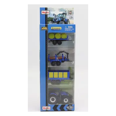 Maisto New holland Set T7-315 Tractor With 3x Trailer 2018 1:64 Modrá Žlutá