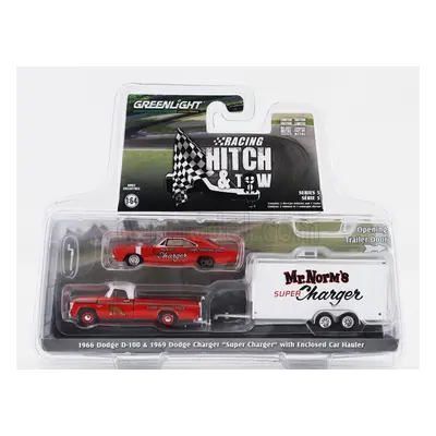 Greenlight Dodge D-100 Pick-up 1980 With Trailer + Super Charger 1986 1:64 Červená Bílá