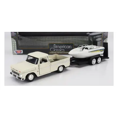 Motor-max Chevrolet C-10 Fleetside Pick-up With Trailer + Boat 1966 1:24 Krémově Bílá