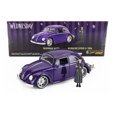 Jada Volkswagen Beetle Maggiolino Custom With Wednesday Addams & Thing Figure 1959 1:24 Modrá Če