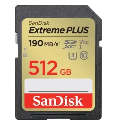 SanDisk Extreme PLUS 512 GB SDXC paměťová karta 190 MB/s a 130 MB/s, UHS-I, Class 10, U3, V30