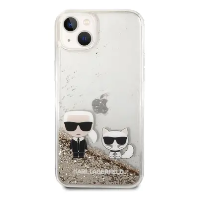 Pouzdro Karl Lagerfeld Liquid Glitter Karl and Choupette iPhone 14 Plus Gold