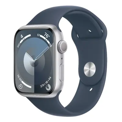 Apple Watch Series 9 GPS 45mm stříbrné hliníkové pouzdro s ledově modrým sportovním řemínkem - M