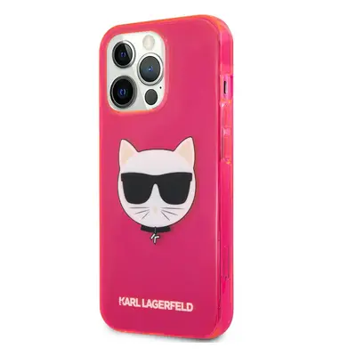 Pouzdro Karl Lagerfeld hard silikonové iPhone 13 Pro MAX Glitter Choupette Fluo růžové