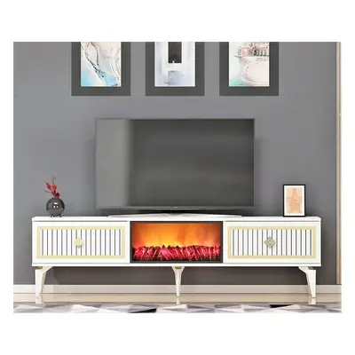 Hanah Home TV Stand Flame Fireplace - White, Gold WhiteGold