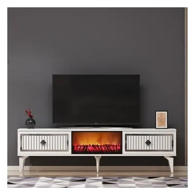 Hanah Home TV Stand Flame Fireplace - White, Silver WhiteSilver