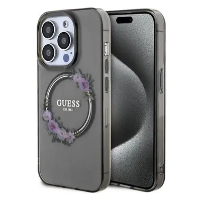 Guess PC/TPU Flowers Ring Glossy Logo MagSafe Zadní Kryt pro iPhone 15 Pro Black