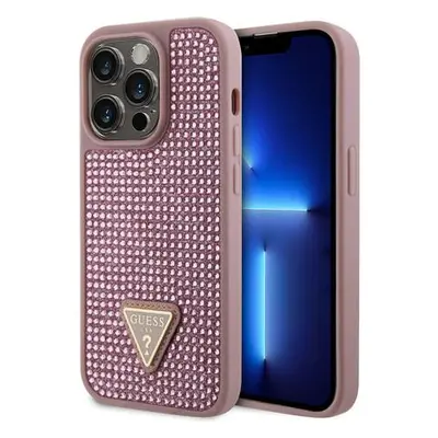 Guess Rhinestones Triangle Metal Logo Kryt pro iPhone 15 Pro Pink