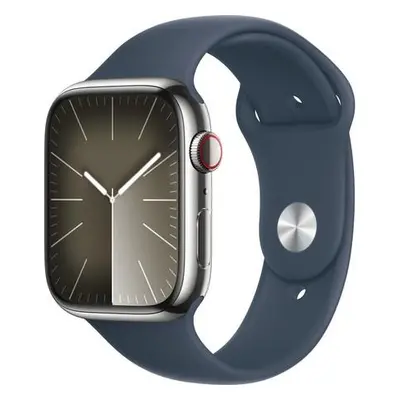 Apple Watch Series 9 Cellular 45mm Stříbrná ocel s bouřkově modrým sportovním řemínkem M/L