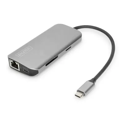 Digitus 8portová dokovací stanice USB-C, 2xUSB3.0, 1xRJ45, 2xHDMI, 1xPD, 1xMicro SD, 1xSD, šedá,