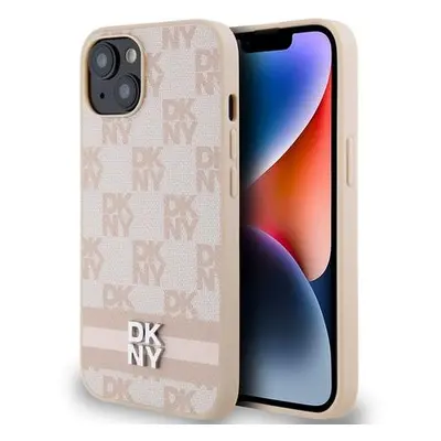 DKNY PU Leather Checkered Pattern and Stripe Zadní Kryt pro iPhone 15 Pink