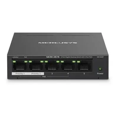 TP-Link Mercusys MS105GP Switch 5-Port, 4× Gigabit PoE+, 1× GLAN, 802.3af/at, 65 W, MS105GP