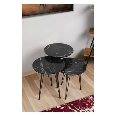 Hanah Home Nesting Table (3 Pieces) Siyah Mermer Desenli 3'Lü Tel Ayaklı Yuvarlak Zigon Sehpa Gr