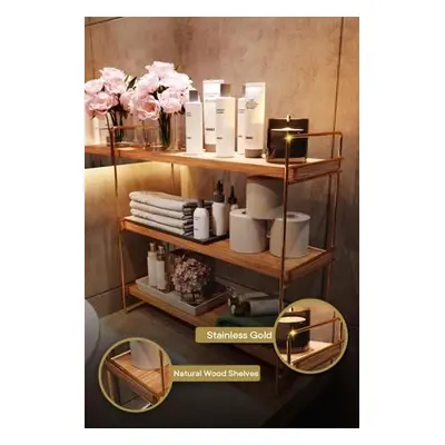 Hanah Home Wall Shelf Masa Üstü 3 Katlı Organizer, Servis Rafı GoldBrown