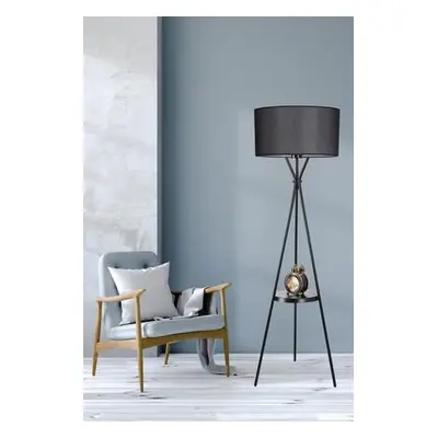 Opviq Floor Lamp Venedik sehpalı siyah lambader silindir hasır siyah abajurlu Black