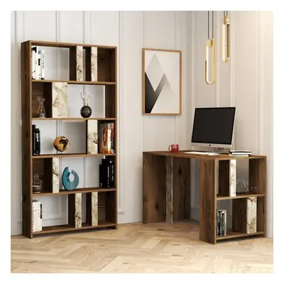 Hanah Home Study Desk & Bookshelf Lima - Walnut, White Marble