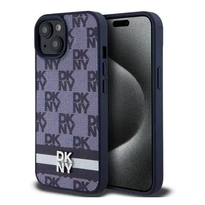 DKNY PU Leather Checkered Pattern and Stripe Zadní Kryt pro iPhone 15 Blue