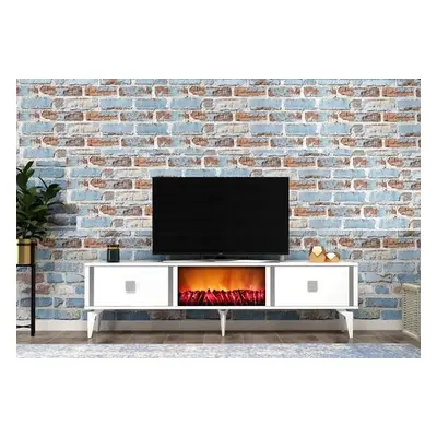 Hanah Home TV Stand Doruk Fireplace - White, Silver WhiteSilver