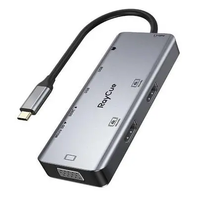 Rozbočovač 9v1 RayCue USB-C na 2x USB-A 3.0 5Gb/s + 2x SD/TF 3.0 + 2x HDMI 4K30Hz + VGA 1080p + 