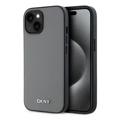 DKNY PU Leather Silver Metal Logo Magsafe Zadní Kryt pro iPhone 15 Grey