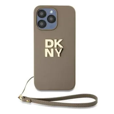 DKNY PU Leather Stack Logo Wrist Strap Zadní Kryt pro iPhone 15 Pro Max Beige