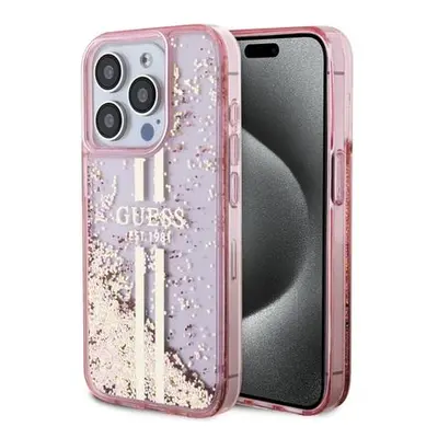 Guess PC/TPU Liquid Glitter Gold Stripe Zadní Kryt pro iPhone 15 Pro Pink