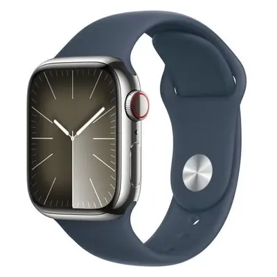 Apple Watch Series 9 Cellular 41mm Stříbrná ocel s bouřkově modrým sportovním řemínkem S/M