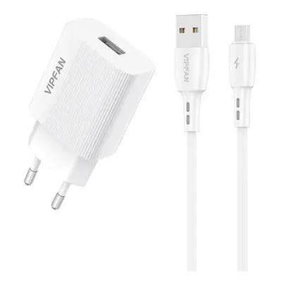 Síťová nabíječka VFAN E01, 1x USB, 2,4A + kabel Micro USB (bílý)