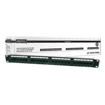 DIGITUS CAT 5e patch panel, nestíněný, 24 portů RJ45, 8P8C, LSA, 1U, do stojanu, černý, 482x44x