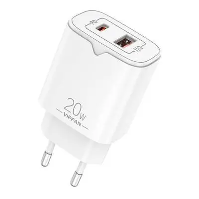 Síťová nabíječka VFAN E08, USB + USB-C, 20W PD + QC 3.0 (bílá)