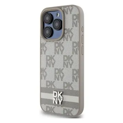 DKNY PU Leather Checkered Pattern and Stripe Zadní Kryt pro iPhone 14 Pro Beige