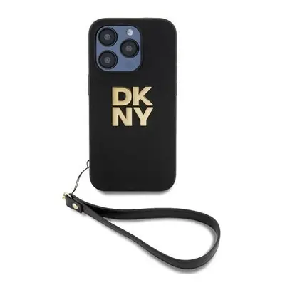 DKNY PU Leather Stack Logo Wrist Strap Zadní Kryt pro iPhone 15 Pro Max Black