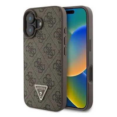 Guess PU 4G Strass Triangle Metal Logo kryt pro iPhone 16 hnědý