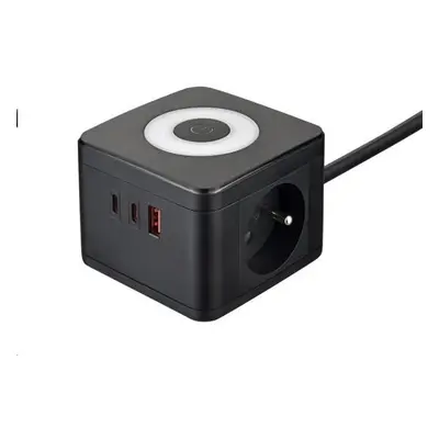 Viking síťový adaptér YC23L, 2x 230 V, 1x USB-A, 2x USB-C, dotykové světlo, délka 1,4 m, černá