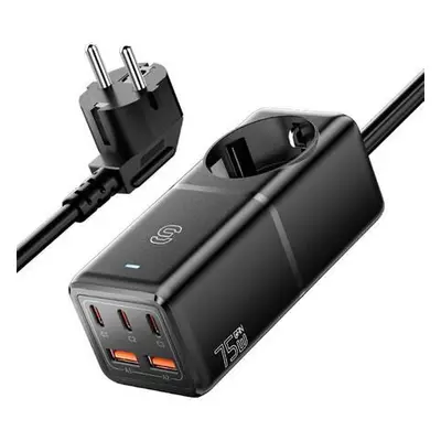 Wall charger, Essager, ECTAC-BRB01-Z, GaN, 3xUSB-C, 2xUSB-A, Gniazdko AC, 75W (black)