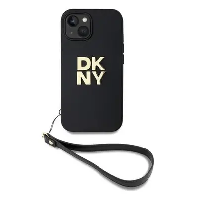 DKNY PU Leather Stack Logo Wrist Strap Zadní Kryt pro iPhone 13 Black