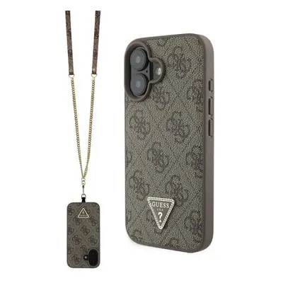 Guess PU 4G Strass Triangle Metal Logo kryt + Crossbody Popruh pro iPhone 16 hnědý