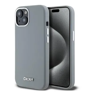 DKNY Liquid Silicone Silver Metal Logo Magsafe Zadní Kryt pro iPhone 15 Grey