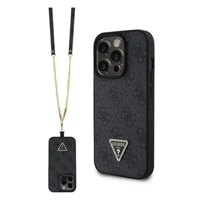 Guess PU 4G Strass Triangle Metal Logo Zadní Kryt + Crossbody Popruh pro iPhone 15 Pro Black