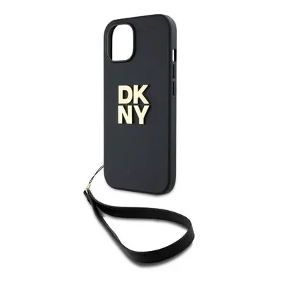 DKNY PU Leather Stack Logo Wrist Strap Zadní Kryt pro iPhone 14 Black