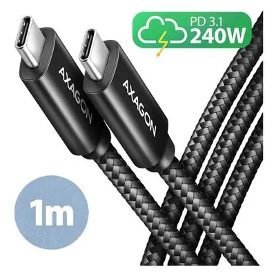 AXAGON BUCM2-CM10AB, CHARGE kabel USB-C USB-C, 1m, Hi-Speed USB, PD 240W 5A, ALU, oplet, černý