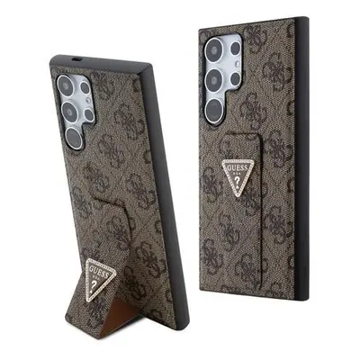 Guess PU Grip Stand 4G Strass Triangle Metal Logo kryt Samsung Galaxy S24 Ultra hnědý