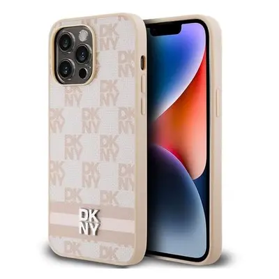 DKNY PU Leather Checkered Pattern and Stripe Zadní Kryt pro iPhone 15 Pro Max Pink