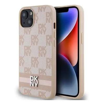 DKNY PU Leather Checkered Pattern and Stripe Zadní Kryt pro iPhone 13 Pink