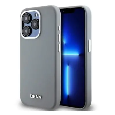 DKNY Liquid Silicone Silver Metal Logo Magsafe Zadní Kryt pro iPhone 15 Pro Grey