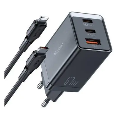 Mcdodo CH-1544 GaN síťová nabíječka, 2x USB-C, 1x USB, 67 W + kabel USB-C na USB-C (černá)