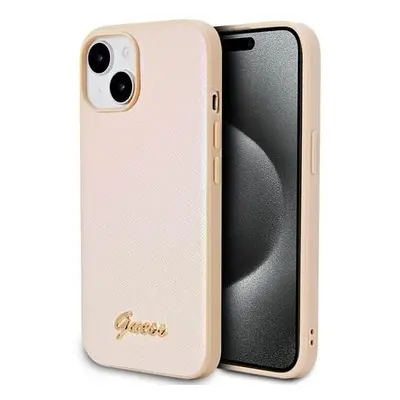 Guess PU Leather Iridescent Metal Script Zadní Kryt pro iPhone 15 Gold