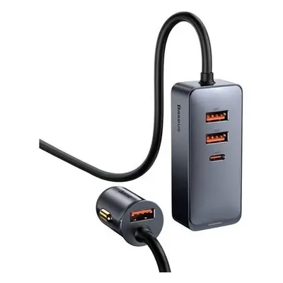 Nabíječka do auta Baseus Share Together s prodlužovacím kabelem, 3x USB, USB-C, 120W (šedá)